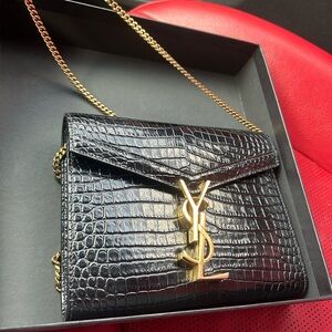 Yves Saint Laurent Black Croc-Embossed Chain Bag